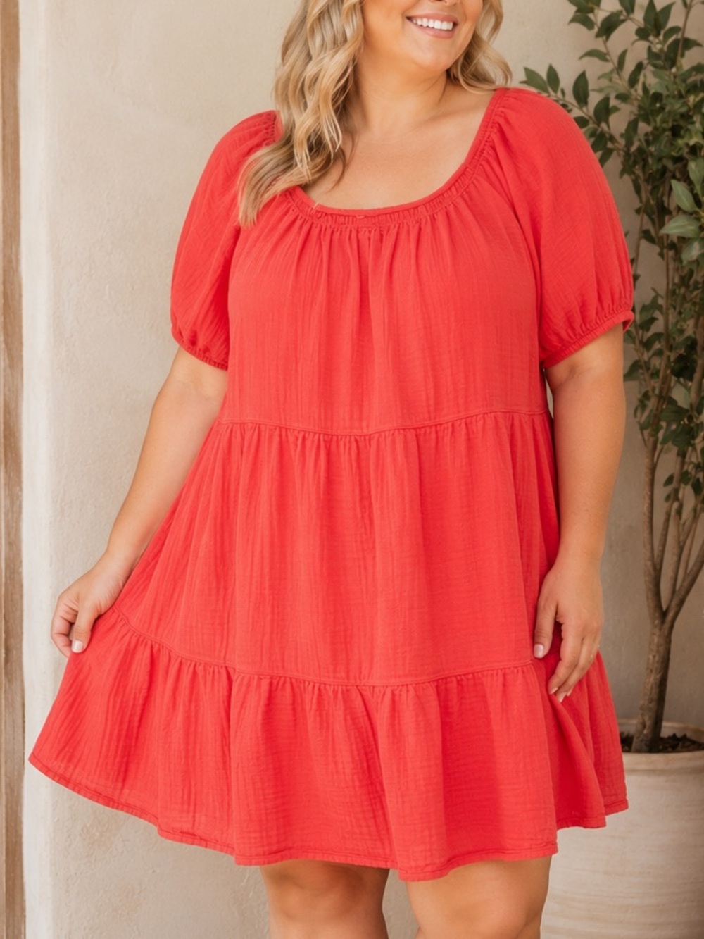 Old Navy Tiered Puff-Sleeve Swing Dress Coral Pink Boho Dress Plus Size XXL